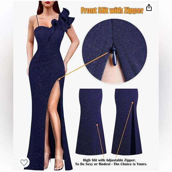 VFSHOW Ruffle One Shoulder Strap Ruched Wedding Maxi Dress V Neck Elegant Split - Picture 4 of 16